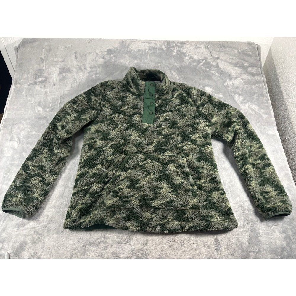 Eddie Bauer Womens Camo Sherpa Fleece Pullover Snap Mock Neck Green XL